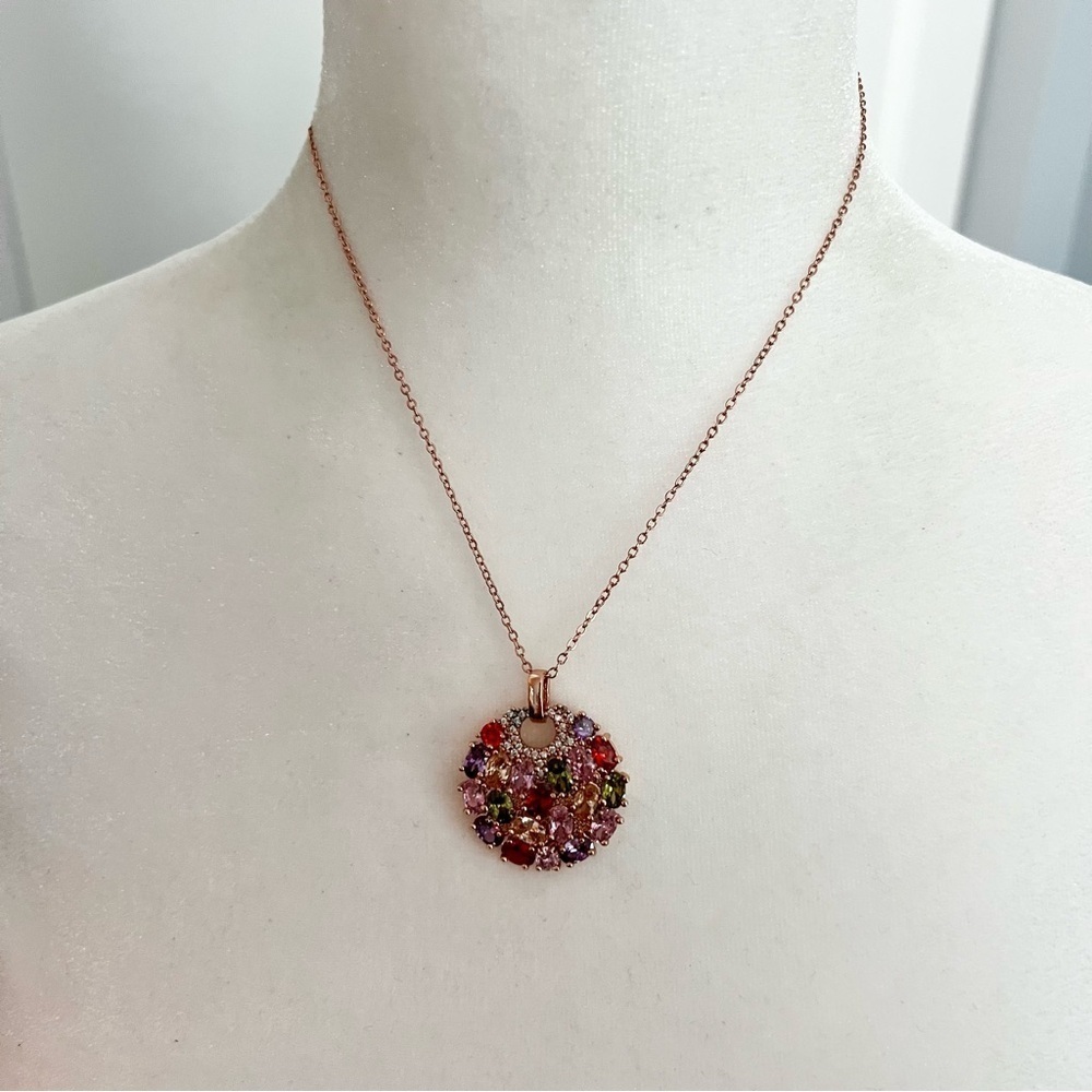 Multicolor rhinestone studded pendant necklace on gold tone chain